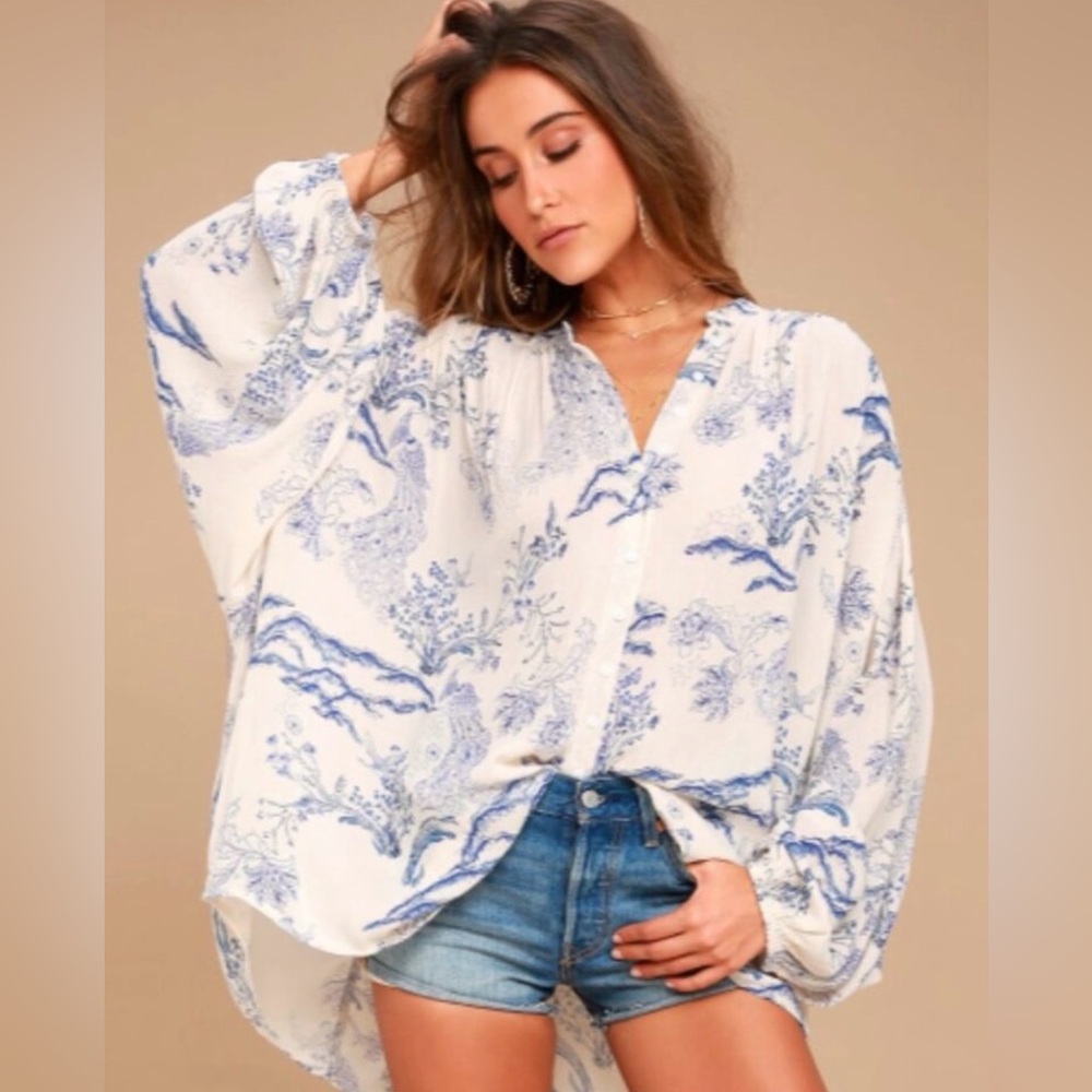 Free People Metallic Blooms Peacock Blouse - Size Small 🩵